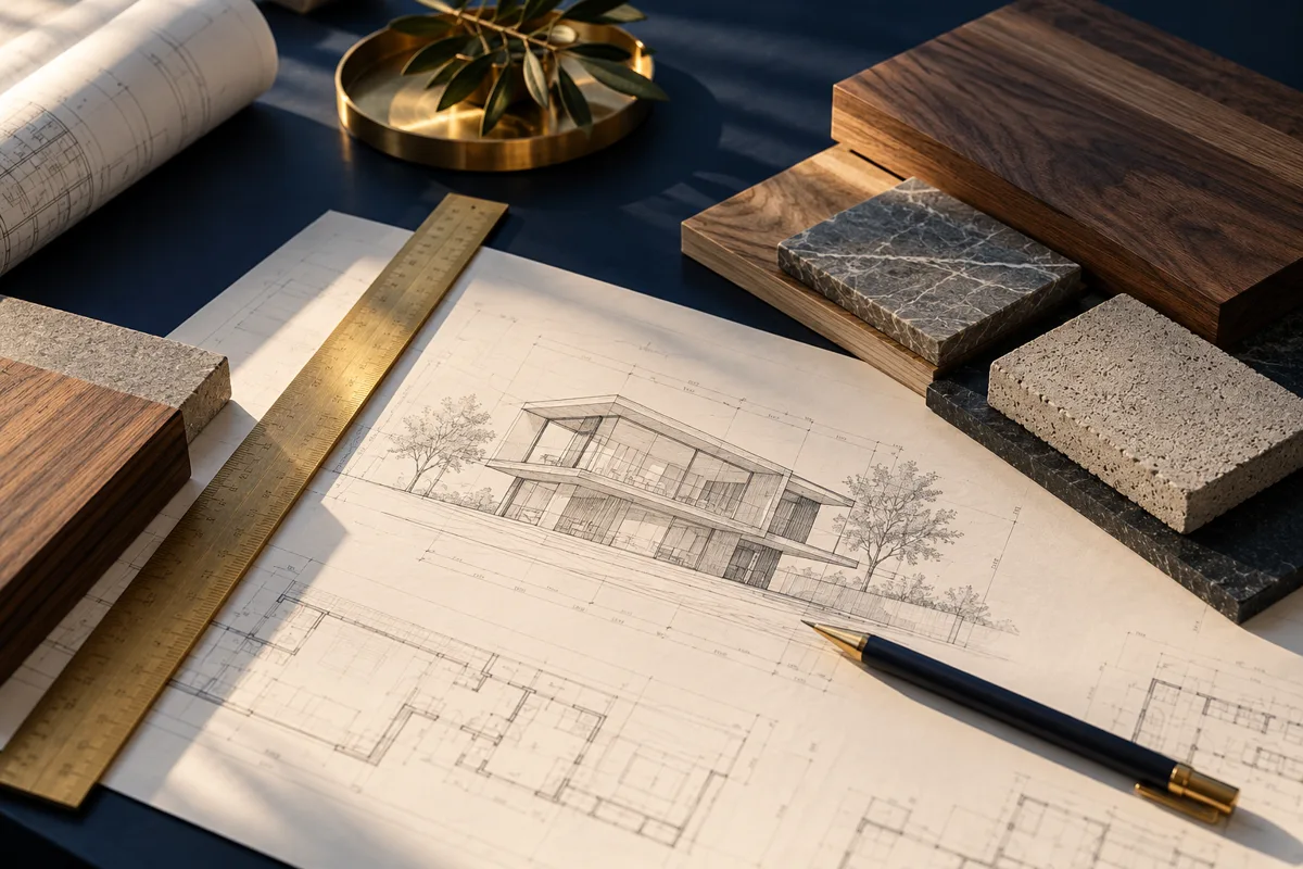 Architectural drawings, measuring tools, timber and stone samples on a navy planning desk