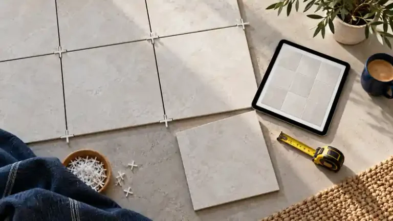 Floor tiles arranged with spacers beside a tablet and measuring tape.