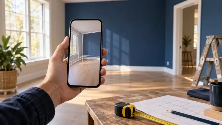 Phone camera view of an empty room beside a measuring tape and floor plan.