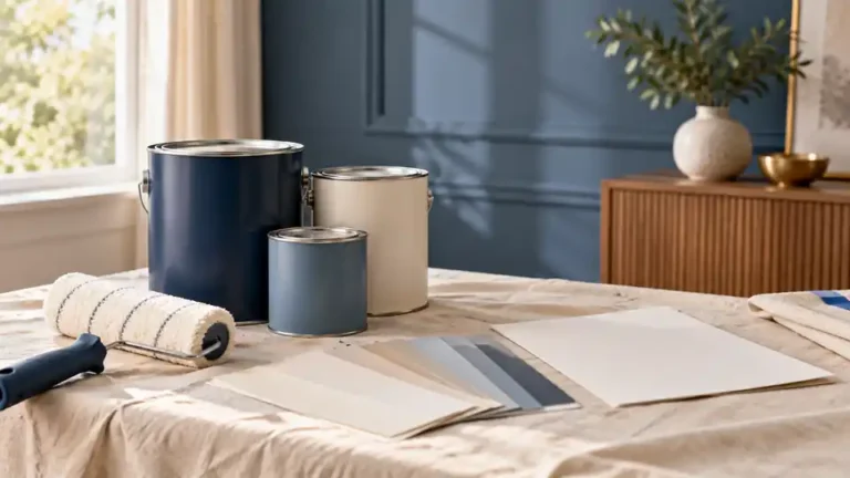 Unbranded paint cans, a roller, color swatches, and product papers on a covered table.