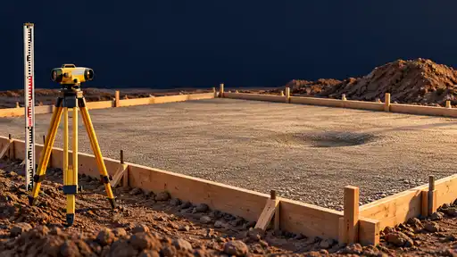 Survey level beside timber forms and uneven subgrade for checking a concrete pour shortage.