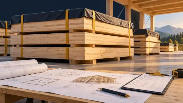 Mass timber procurement scene with covered panels, coordinated drawings and a delivery checklist.