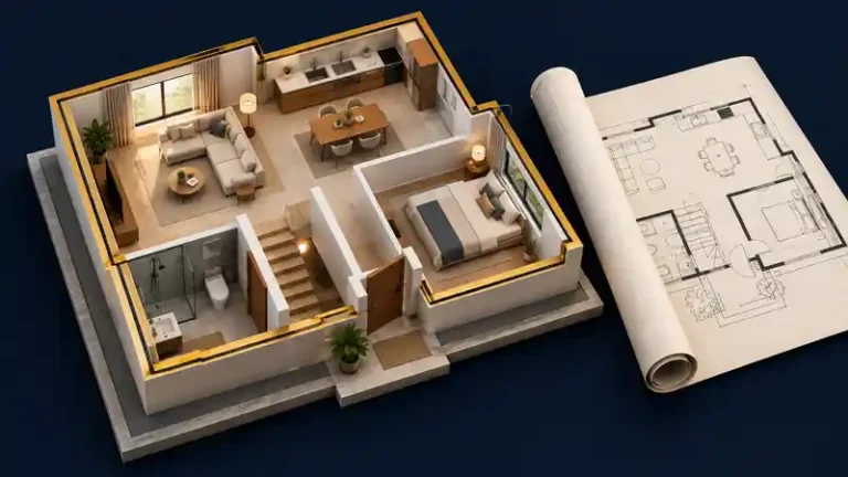 Cutaway room layout and floor plan for comparing net and gross floor area.