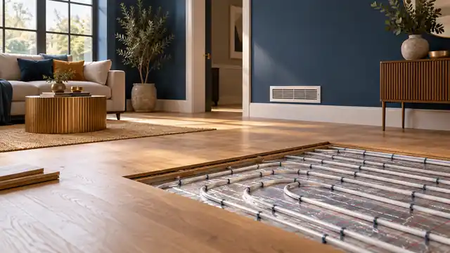 Radiant floor heating pipes exposed beneath a living room floor beside a wall air grille.